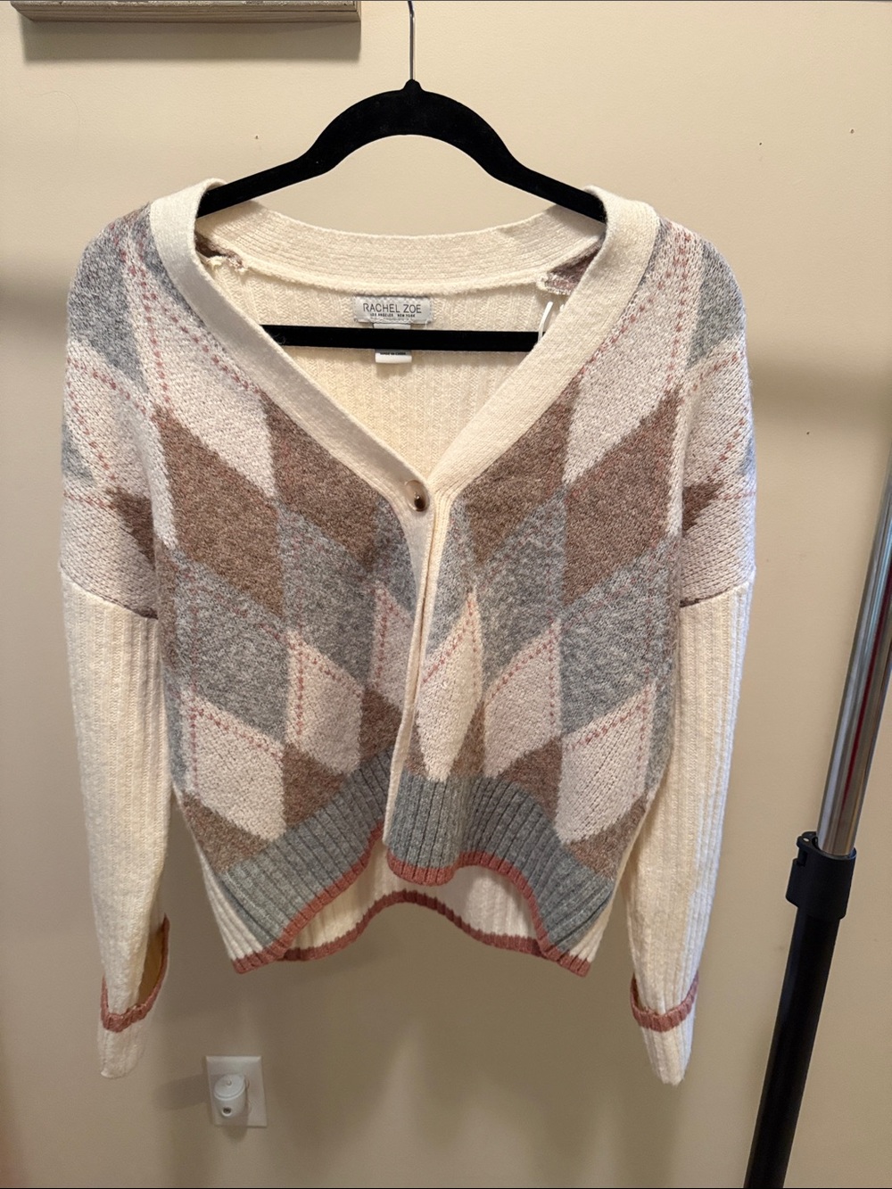 Rachel Zoe Cream Argyle Button Cardigan with Taupe and Gray